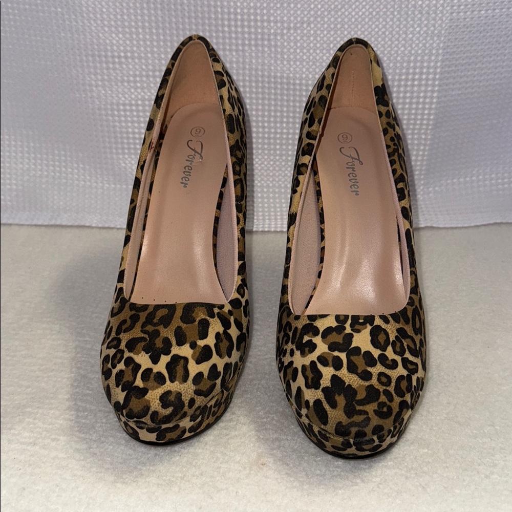 FOREVER Leopard Stiletto Platform Heels New Size 9 Tan Brown Black Sexy Shoes - Picture 5 of 14
